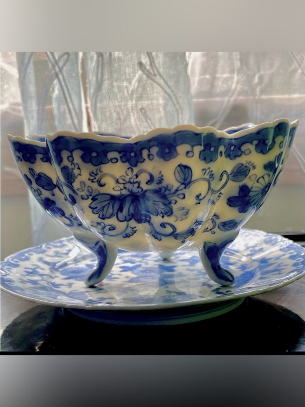 Vintage RARE Blue & White Flying Phoenix Turkey Compote & Plate MOTHER’S DAY